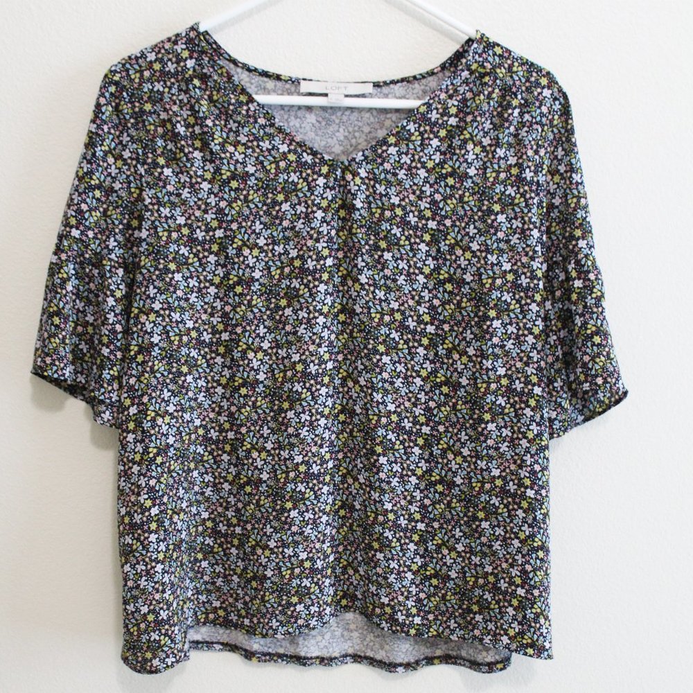 LOFT NAvy Floral Bell-Sleeve V-Neck Top